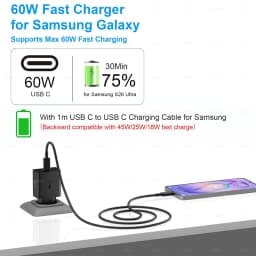 60W Samsung Original Fast Charger USB C Plug with USB C Cable Samsung S26 S25 S24 S23 S22 S21 Ultra Plus A57 A56 A36 A54 Adaptor