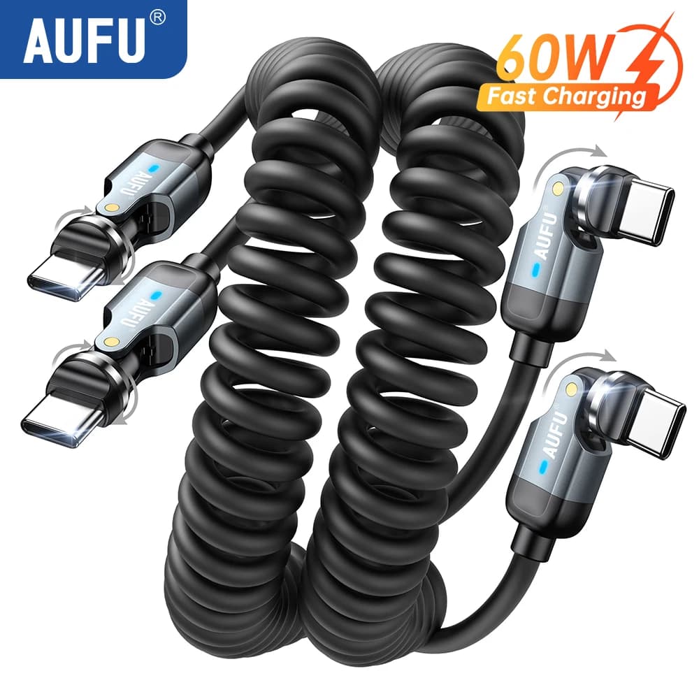 AUFU 540° USB C to Type C Cable 60W Fast Charging Spring Cable for iPhone17 Samsung Xiaomi Coiled Phone Car Charger Type-C Cable