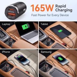 165W Travel Car Charger Dual Port 65W USB C and 100W USB A Output Durable Zinc Alloy Mini Body for Multiple Mobile Devices