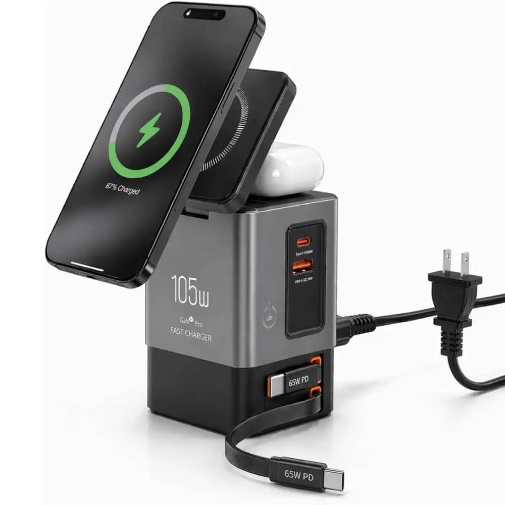105W Charging Station with Double 65W Retractable Cable 6-in-1 GaN Charger for iPhone, AirPods and MacBook