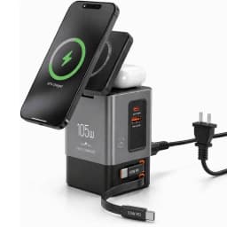 105W Charging Station with Double 65W Retractable Cable 6-in-1 GaN Charger for iPhone, AirPods and MacBook