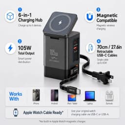 105W Charging Station with Double 65W Retractable Cable 6-in-1 GaN Charger for iPhone, AirPods and MacBook