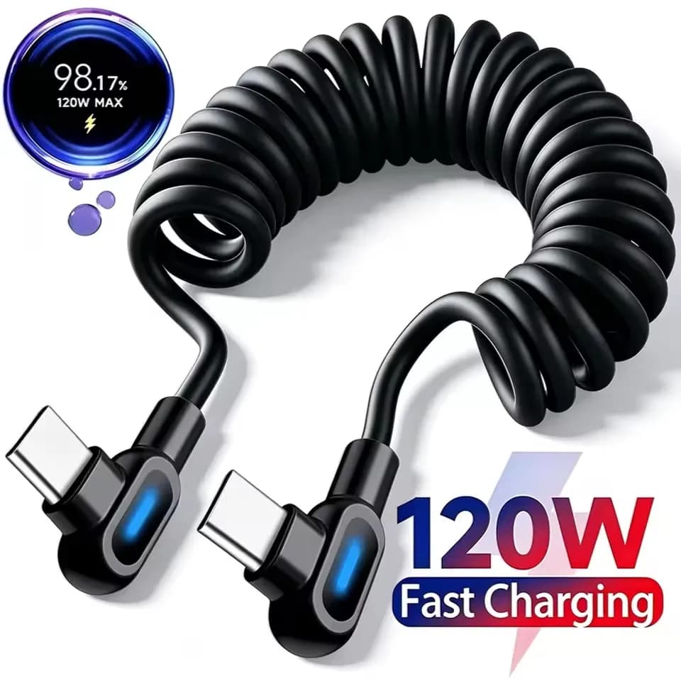 120W 6A Elbow USB C Fast Charging Cable Stretch Spring Data Cord For iPhone Samsung Xiaomi Huawei Phone Car Charge Type C Cable