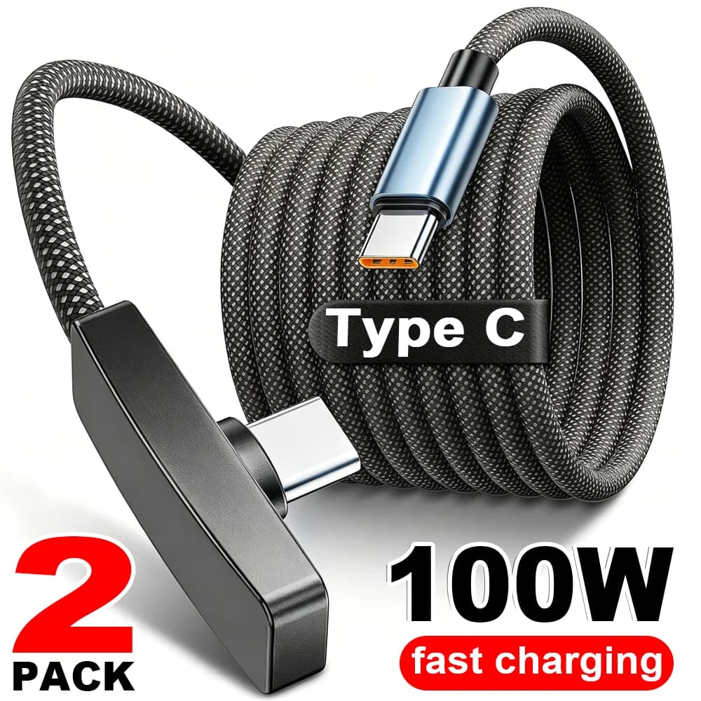 90 Degree USB Type C Cable 100W Quick Charging Data Transfer Cables Portable Right Angle USB-C Wire For IPhone Samsung Xiaomi
