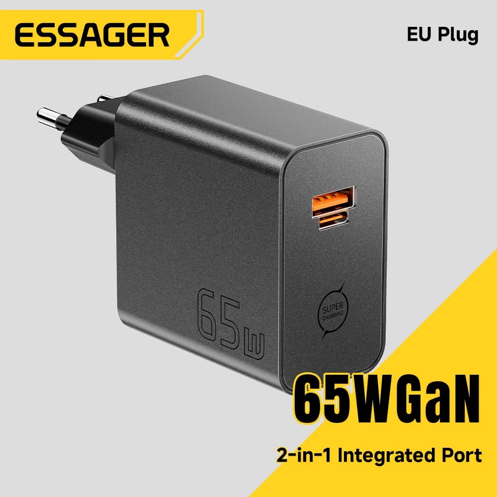 ESSAGER 65W GaN Fast Charger PD3.0 PPS QC4.0 Compatible with iPhone 17/16 Samsung MacBook Air Huawei - Compact High-Speed Charge