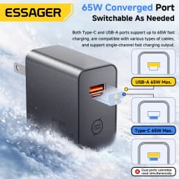 ESSAGER 65W GaN Fast Charger PD3.0 PPS QC4.0 Compatible with iPhone 17/16 Samsung MacBook Air Huawei - Compact High-Speed Charge