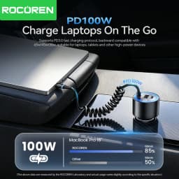 Rocoren 200W Car Charger Fast Charge PD100W USB Type C Car Charger With Spring Charging Cable for iPhone MacBook Huawei Laptops