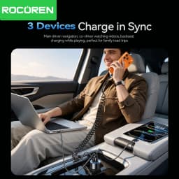 Rocoren 200W Car Charger Fast Charge PD100W USB Type C Car Charger With Spring Charging Cable for iPhone MacBook Huawei Laptops