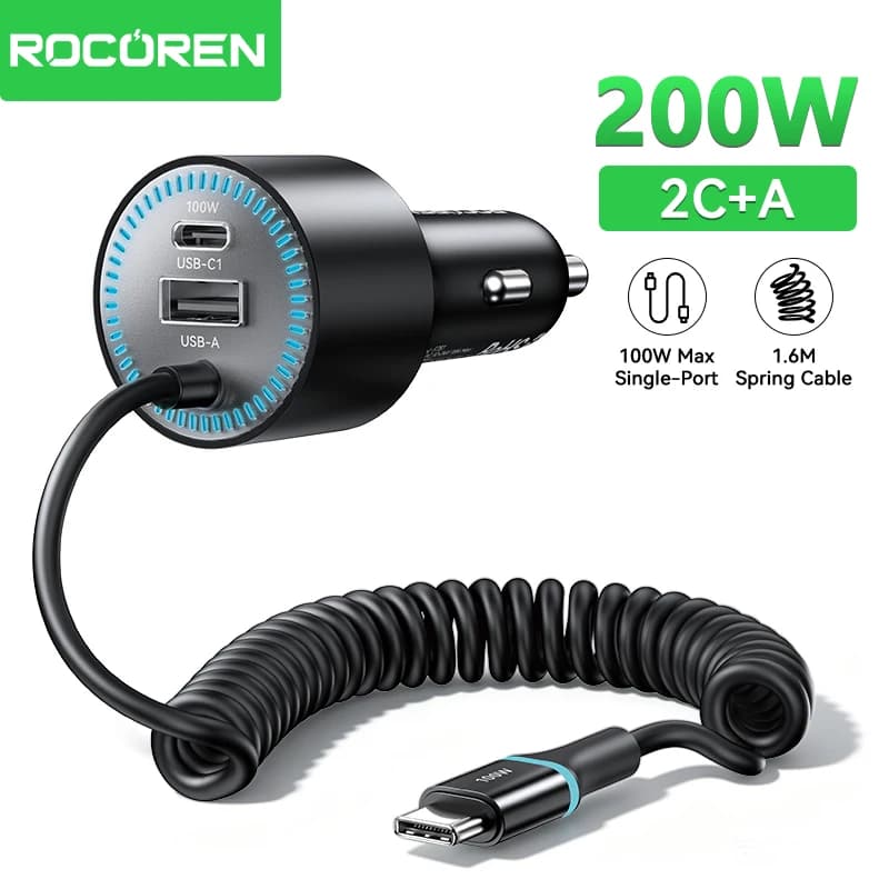 Rocoren 200W Car Charger Fast Charge PD100W USB Type C Car Charger With Spring Charging Cable for iPhone MacBook Huawei Laptops