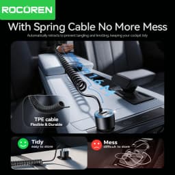 Rocoren 200W Car Charger Fast Charge PD100W USB Type C Car Charger With Spring Charging Cable for iPhone MacBook Huawei Laptops