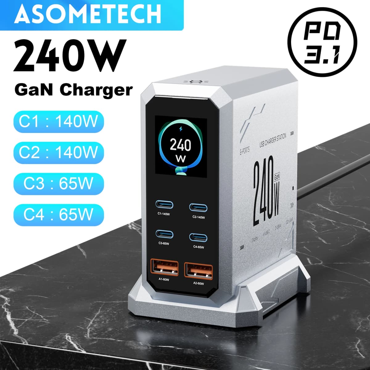 240W GaN Charger PD3.1 140W USB Type C 6 Ports PPS PD Desktop Fast Charging Station for iPhone 17 Samsung MacBook Laptops Tablet