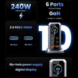 240W GaN Charger PD3.1 140W USB Type C 6 Ports PPS PD Desktop Fast Charging Station for iPhone 17 Samsung MacBook Laptops Tablet