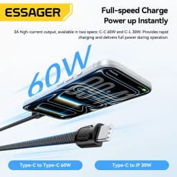 Essager 60W type C-to-C portable cable charger, suitable for iPhone 17, 16 (with PD 30W fast charging) and iPhone 15, 14, 13, 12