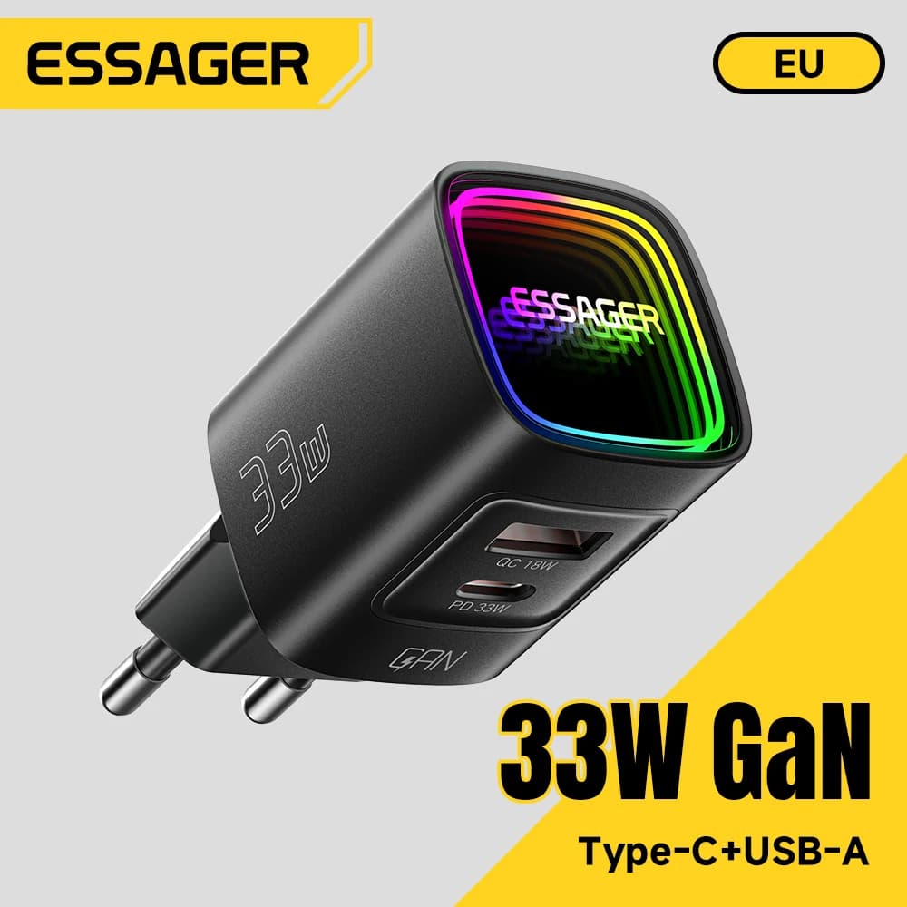 Essager 33W GaN USB Type C Charger Portable PD Fast Charging for iPhone 17/16/15/14 pro Max iPad Xiaomi Samsung S25 RGB