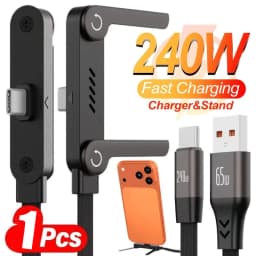 240W Quick Charging Wire with Folding Phone Stands USB A Type C Holder Charger Cables for IPhone 17 16 15 Samsung S26 Xiaomi