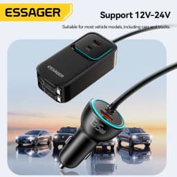 Essager 135W Dual Retractable Cable Car Charger Type-C PD QC Fast Charging Rear Socket for iPhone 17 Samsung Huawei Laptop