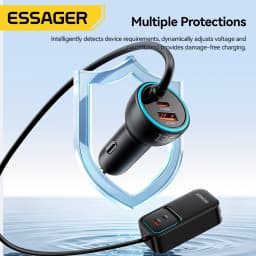 Essager 135W Dual Retractable Cable Car Charger Type-C PD QC Fast Charging Rear Socket for iPhone 17 Samsung Huawei Laptop