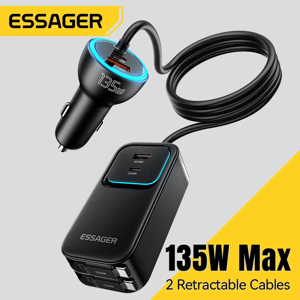 Essager 135W Dual Retractable Cable Car Charger Type-C PD QC Fast Charging Rear Socket for iPhone 17 Samsung Huawei Laptop