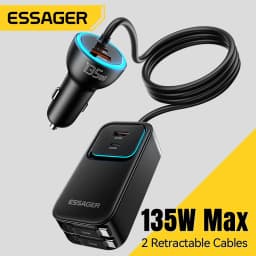 Essager 135W Dual Retractable Cable Car Charger Type-C PD QC Fast Charging Rear Socket for iPhone 17 Samsung Huawei Laptop