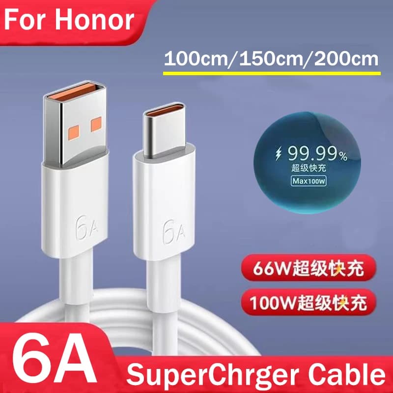 Honor 66W 100W Super Fast Charging Cable For Honor 500 400 300 200 Pro 90 GT X70 Magic 8 7 Pro USB Type C 6A Charging Data Cable