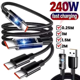 240W Nylon USB Type C Super Fast Charging Cable for Samsung Xiaomi Huawei LED Digital Display USB C Charger Data Cord 1/1.5/2M