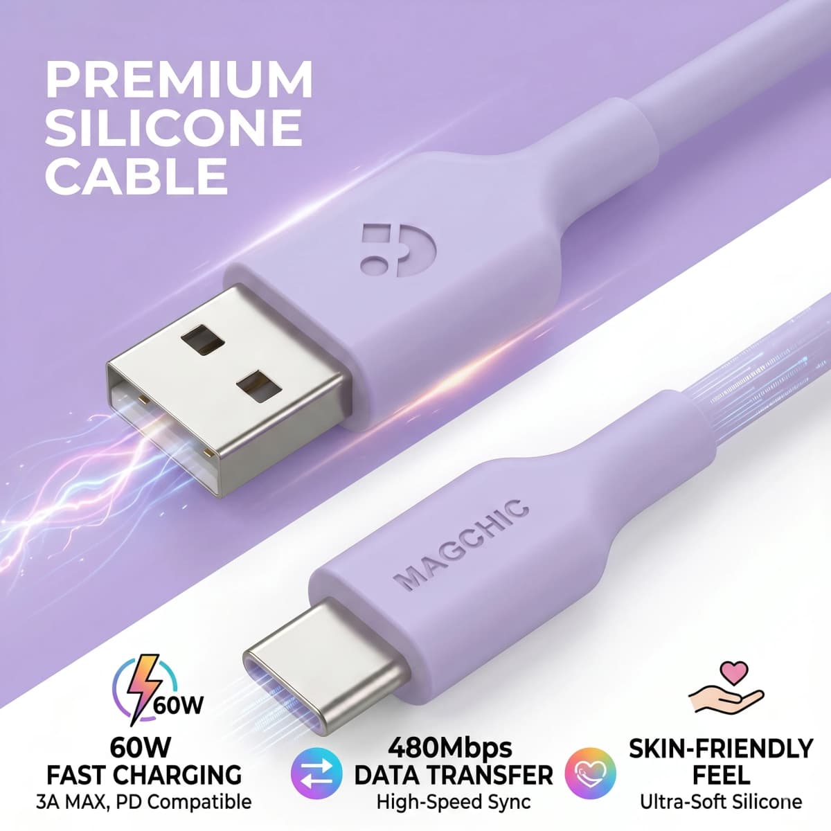 Skin-friendly Silicone USB Type C Cable USB A to C Fast Charging Flow Data Cord for iPhone 1716/15 Samsung Galaxy S25 S24 S23