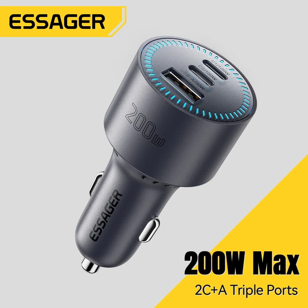 Essager 200W Car Charger Quick Charge 4.0 PPS PD 100W Fast Charging USB C Car Phone Charger for Macbook iPhone 17 16 Samsung S25