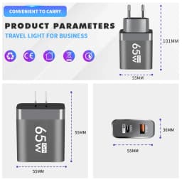 65W Type C USB GaN Charger US/EU Plug Quick Charge For iPhone Xiaomi Samsung Huawei Fast Charging 2 Ports Mobile Phone Adapter