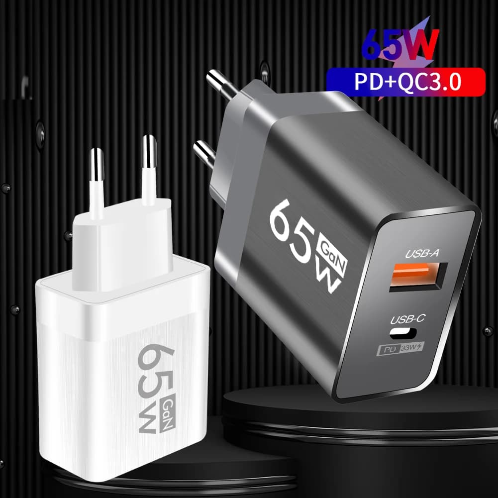 65W Type C USB GaN Charger US/EU Plug Quick Charge For iPhone Xiaomi Samsung Huawei Fast Charging 2 Ports Mobile Phone Adapter