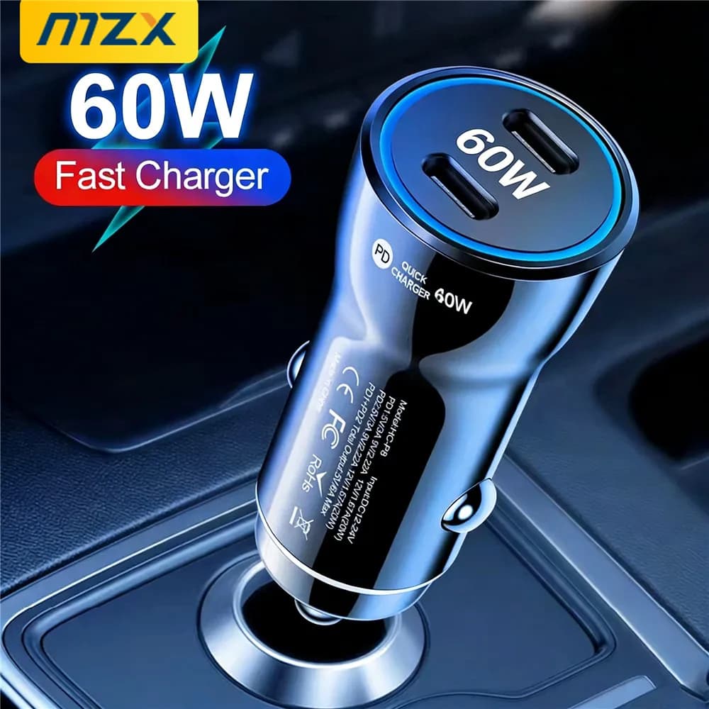 MZX 60W Smart Car Charger PD Type C Quick Dual USB A Fast Charging 12V 12 V Volt Cigar Lighter Ultra QC Charge Mobile Cell Phone