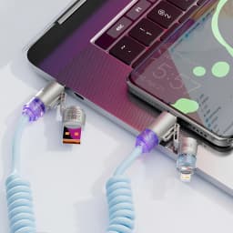 240W Spring 4 in 1 Fast Charging Cable,USB A/C to USB C/L,Multi Functiona Retractable Cord for iPhone 17/16,Samsung Galaxy S25