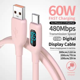 60W USB-A to USB-C Fast Charging Cable Flexible Pink Silicone Charger For iPhone 17/16/15 Pro/Max, iPad, AirPods Type-C Tablets
