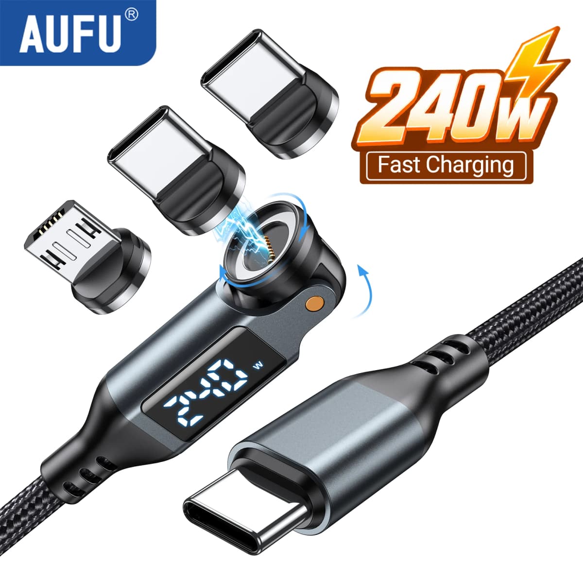 AUFU 240W Magnetic USB Type C Cable Fast Charging PD 3.1 Digital Display Micro Type C Cable For iPhone Macbook Samsung Wire Cord