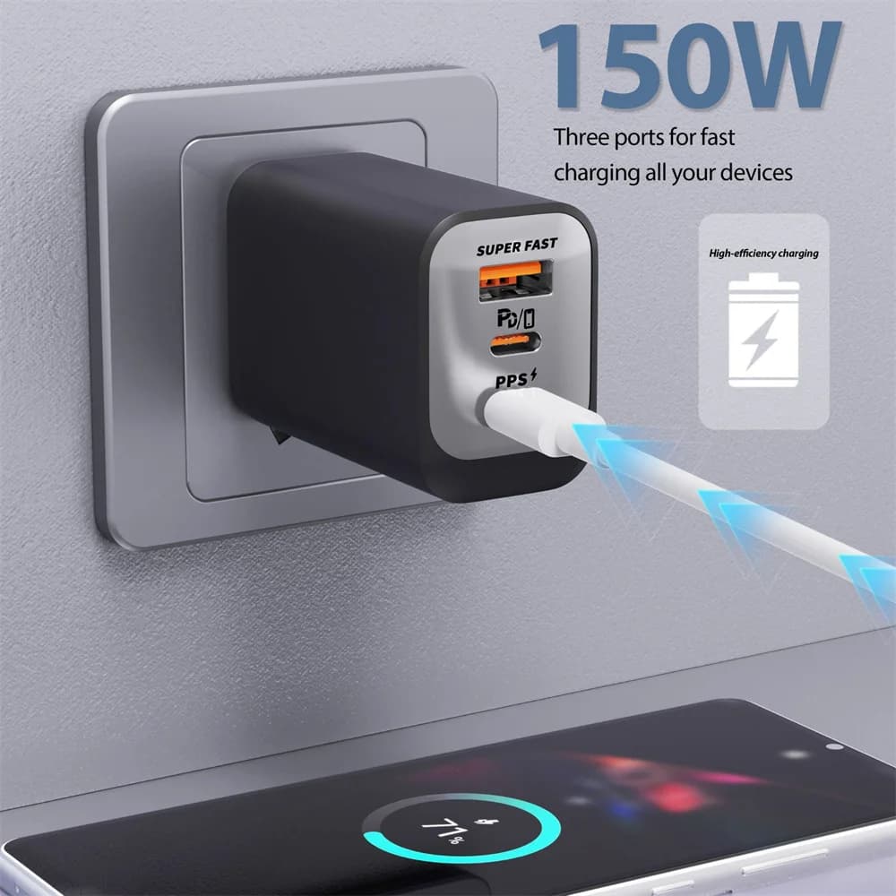 150W Fast Charging 3 Ports Mobile Phone Charger QC3.0 USB Type C Chargers Dual PD USB Wall Adapter EU/US Plug for iPhone Samsung