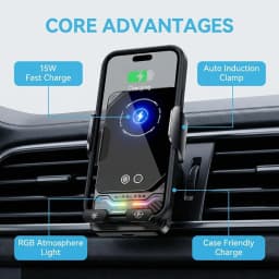 15W Universal Car Phone Wireless Charger Holder Auto-sensing RGB Light Mount for Samsung S26 iPhone 17 16 15 14 13 12 11 Pro Max