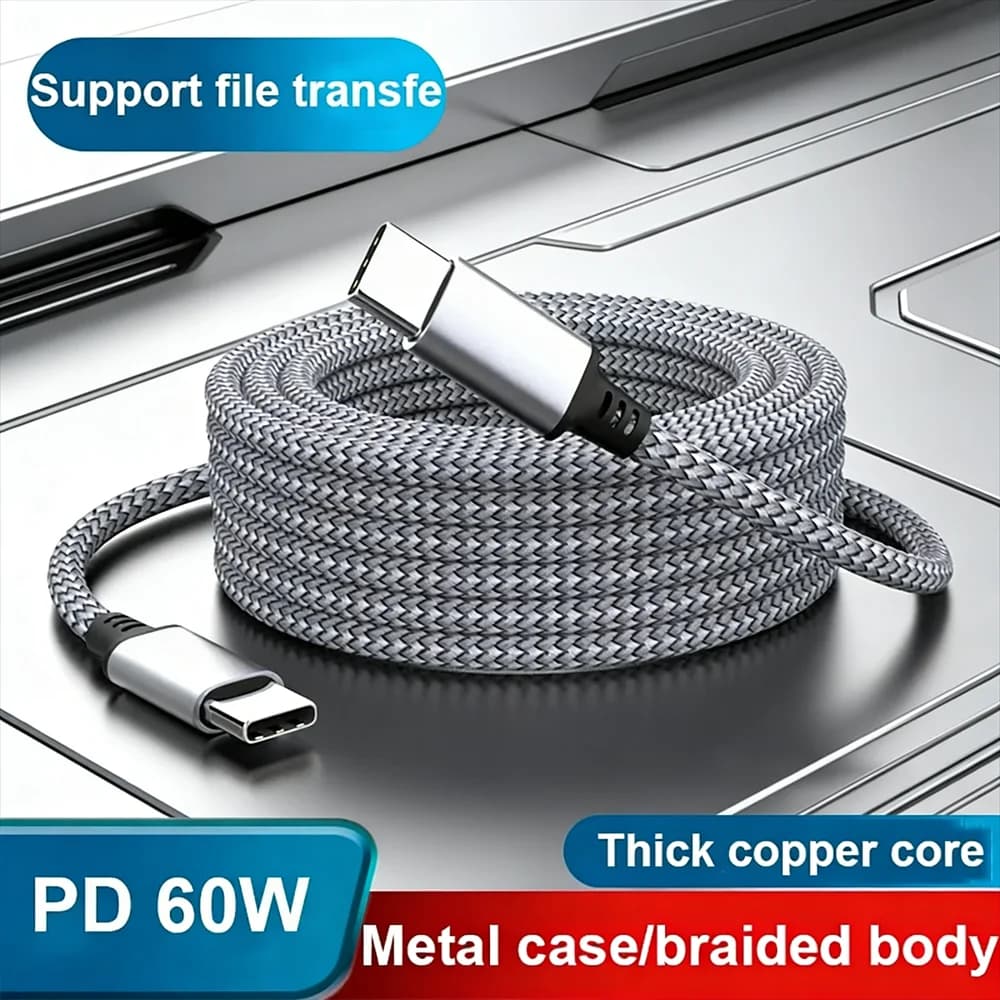 PD 60W Type C to Type C Fast Charging Cable 1-8M Braided Fast Charging Data Cable Dual PD Ports Quick Charging Extended PD Cable