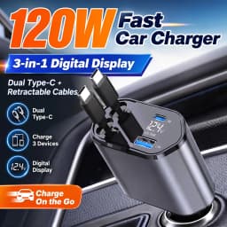 3 in 1 120W Car Charger Retractable Car Cigarette Lighter Adapter USB Type C to Type C Fast Charger Cable For iPhone Samsung