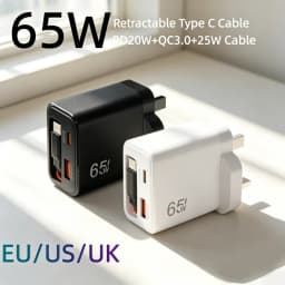 65W Type C Charger Retractable Integrated Cable USB Phone Charger USB C Cable EU/US Plug For iPhone Samsung Xiaomi Fast Charge