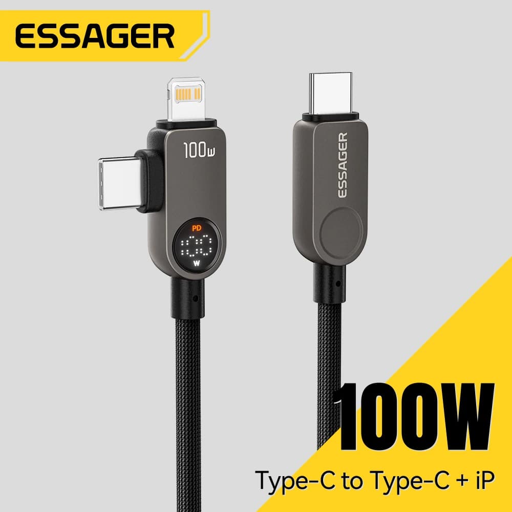 Essager 2 in 1 USB Type C Cable 100W PD Fast Charging Wire Type C To Lighting Cable For iPhone 17 16 15 14 MacBook iPad Xiaomi