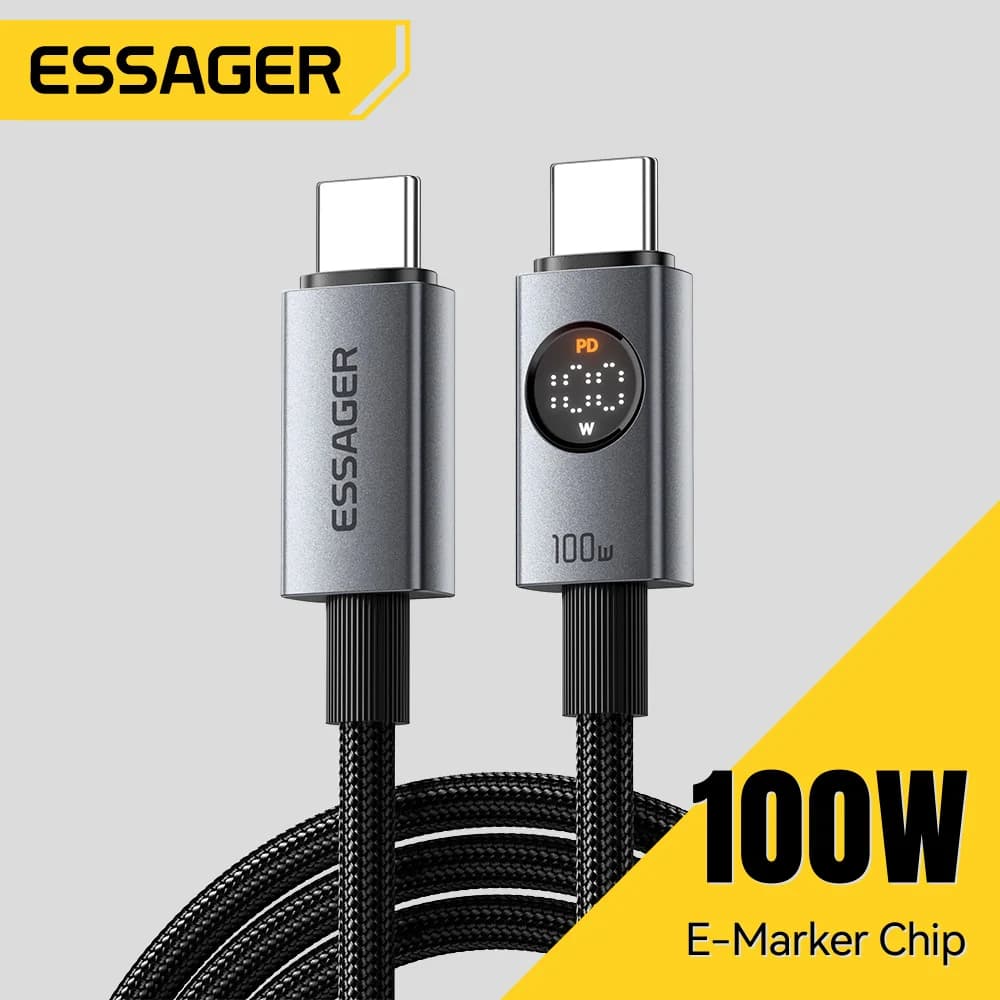 Essager 100W Type C to Type C PD Fast Charging Cable for MacBook iPad iPhone 17 16 pro Max Digital Display Data Cord Wire