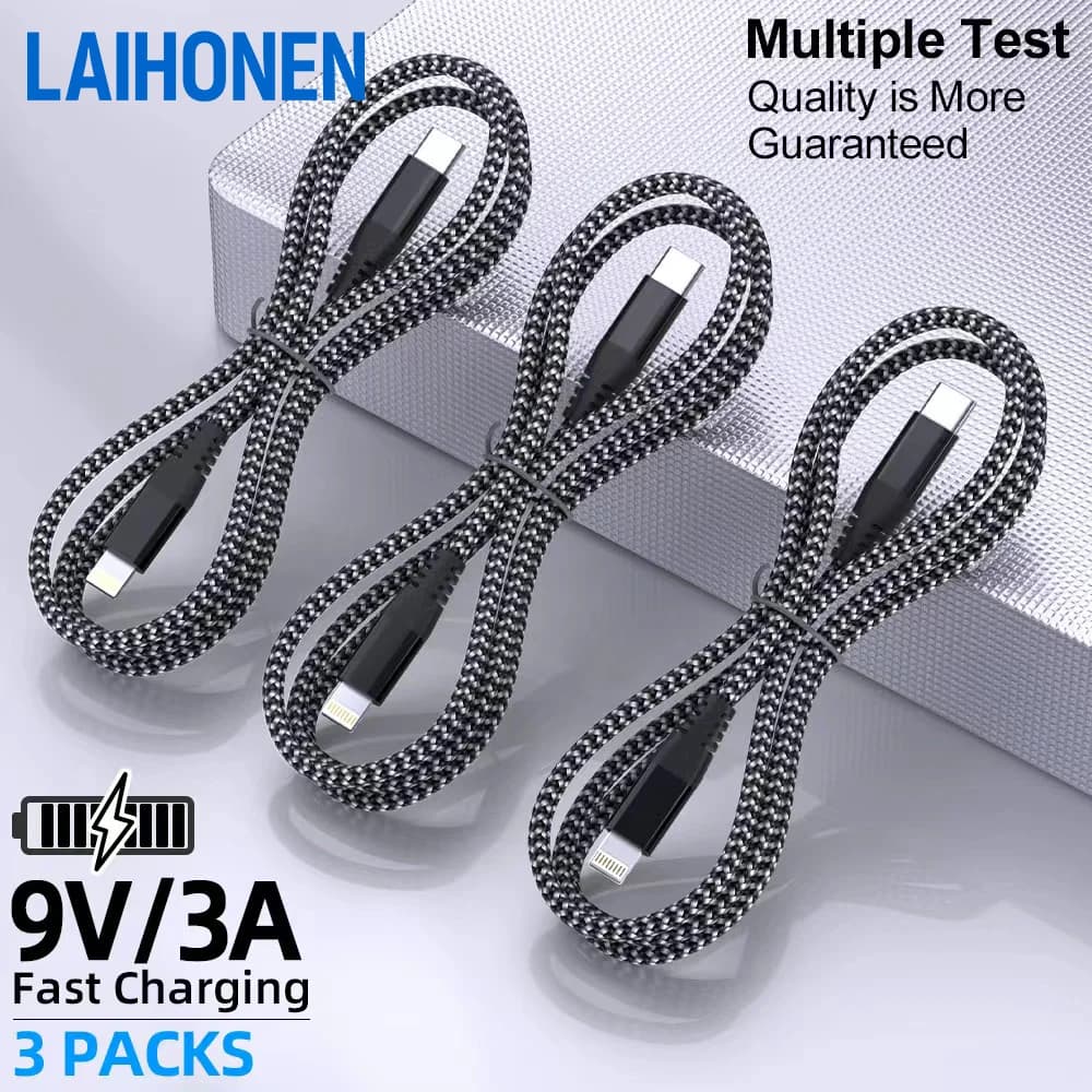 LAIHONEN USB C to Lightning Nylon Braided Cable Fast Charging Data Sync Cord 1/3 Pack for iPhone 14 13 12 11 Pro XR XS