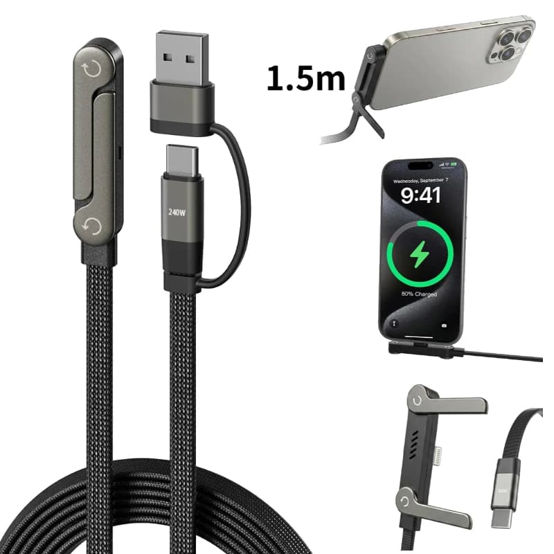  2-in-1 Holder Charger Cable – 240W Fast Charging Cord with Built-In Phone Stand USB Type C to USB-C Cable PD Cable Phone Holde