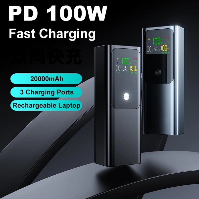 Power Bank 100W Fast Charging 20000mAh IPS Digital Display 3 Ports Bidirectional Charger for Laptop Tablet Mobile Phone