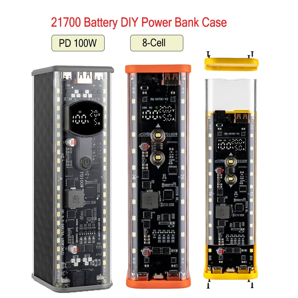 PD 100W Super Fast Charging Power Supply Module 8-Cell 21700 Battery Solder-Free DIY Power Bank Housing LED Outdoor Light