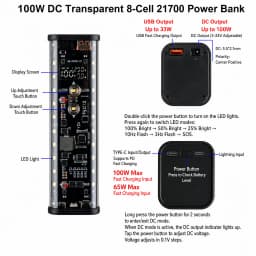 PD 100W Super Fast Charging Power Supply Module 8-Cell 21700 Battery Solder-Free DIY Power Bank Housing LED Outdoor Light