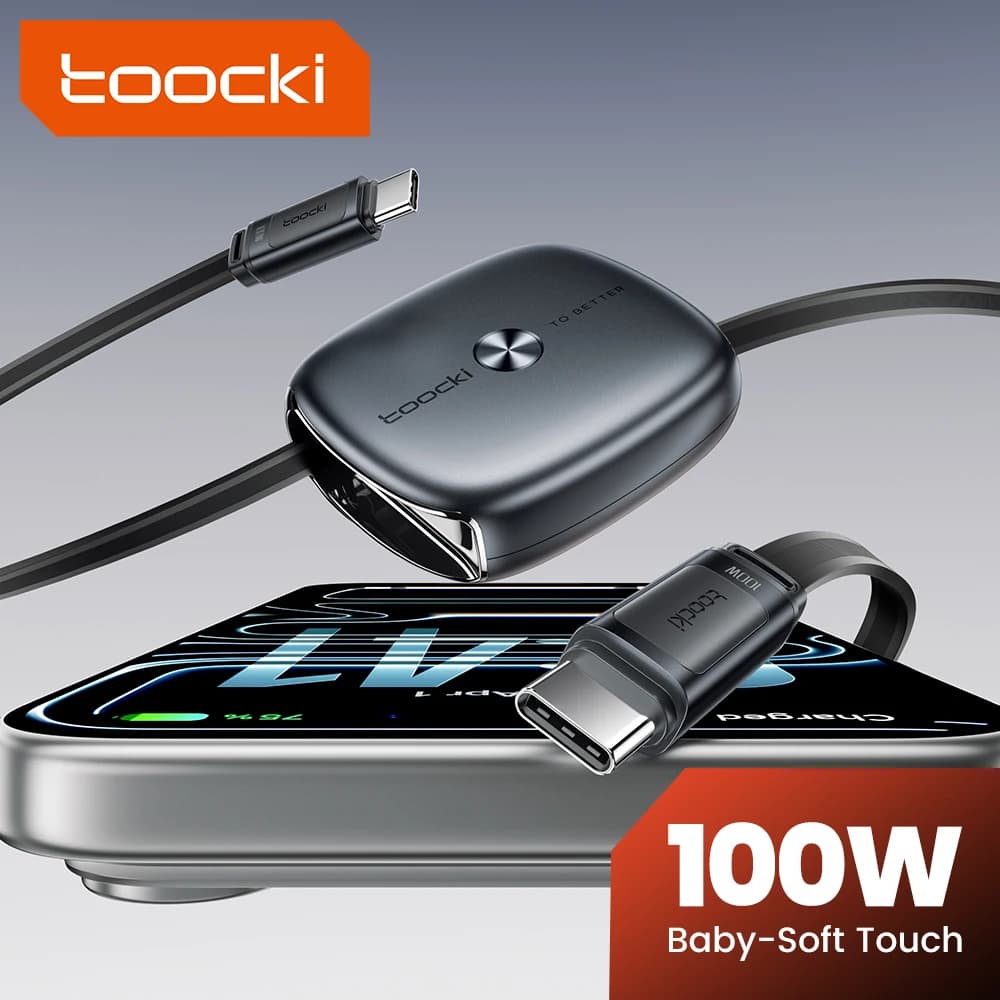 Toocki Type C Retractable Cable 100W Support SFC 3.0 Fast Charger USB C TPE Cable Mini Size For iPhone 16 17 Samsung S26 Xiaomi