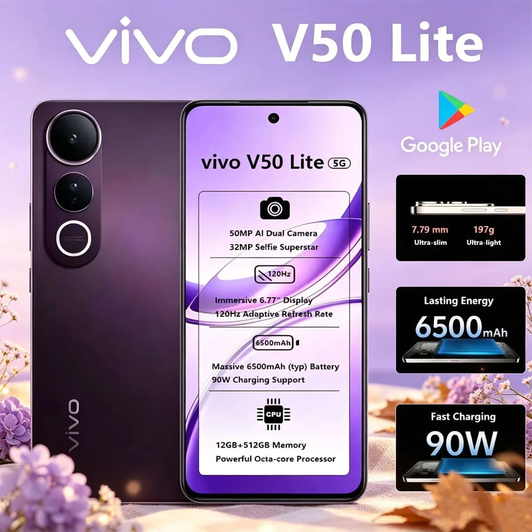 New VIVO V50 Lite 5G Global Version Mobile Phone 6.77" 120Hz Big Screen 50MP Camera 6500mAh 90W Fast Charge Dual-SIM Smartphone