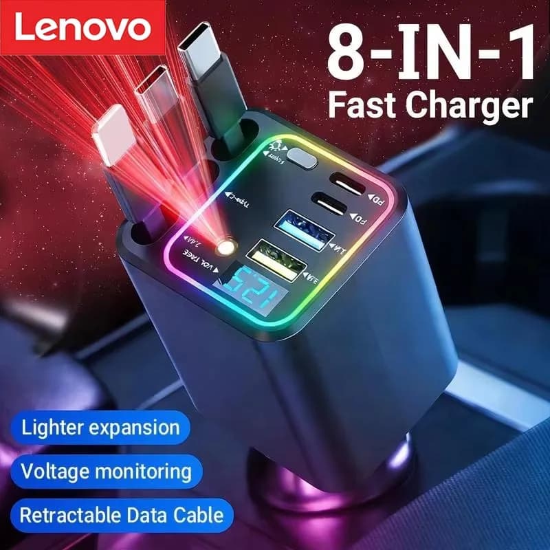 Lenovo Digital Car Charger Extension Cable PD Car Super Fast Charging 8 In 1 Cigarette Lighter Dual Type-C+Apple Extension Cable