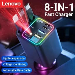 Lenovo Digital Car Charger Extension Cable PD Car Super Fast Charging 8 In 1 Cigarette Lighter Dual Type-C+Apple Extension Cable