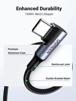UGREEN 90 Degree USB-C Cable PD100W/60W Type-C Gaming Right Angle Charging Cable 5A/3A for iPhone 17/16 Samsung MacBook 0.5-3M